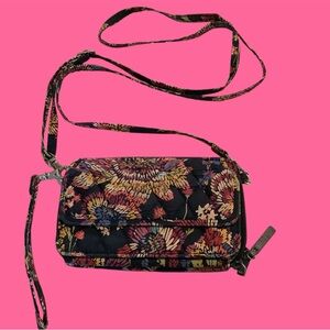 Floral Black Crossbody Bag or Wristlet. Front pocket snaps closed, card slots.